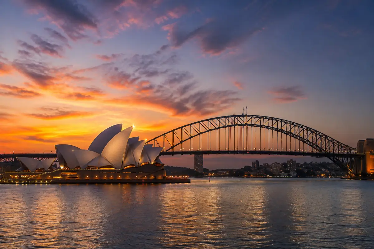 Sydney Opera House and Harbour Bridge at dusk